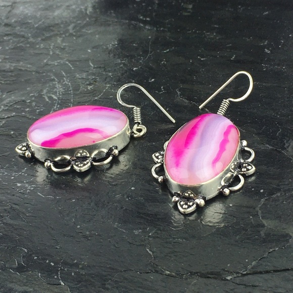 New Pink Botswana Agate Stone Hook Dangle Silver Earrings - Picture 2 of 7